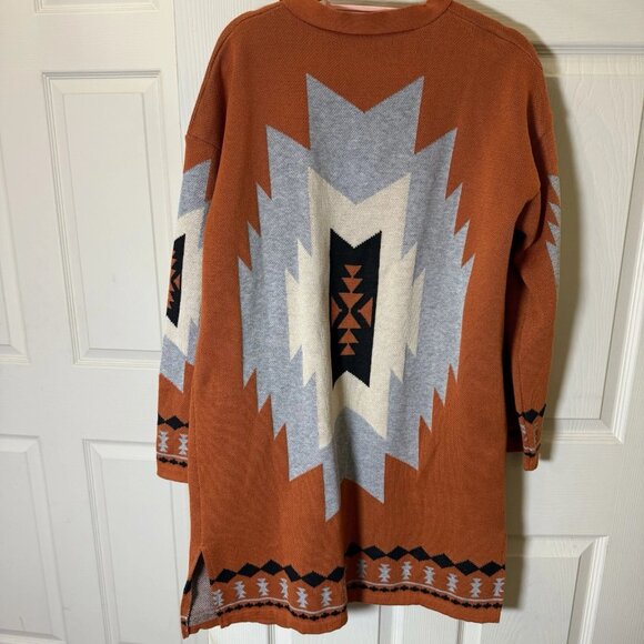 Women’s Cardigan Open Duster Southwestern Aztec Tribal Size L Long Sleeve - Picture 2 of 9
